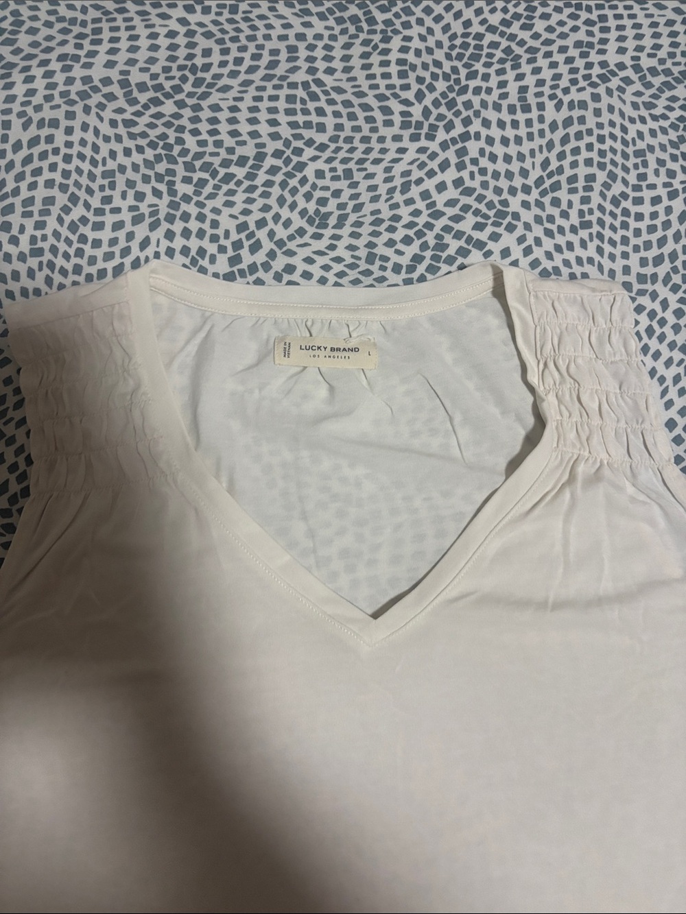 Lucky Brand White V-Neck Tank with Smocked Shoulders